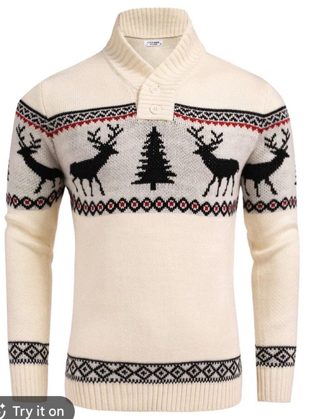 Coofandy Cream Shawl-Collar Holiday Reindeer Pattern Fair Isle Sweater XL NWT